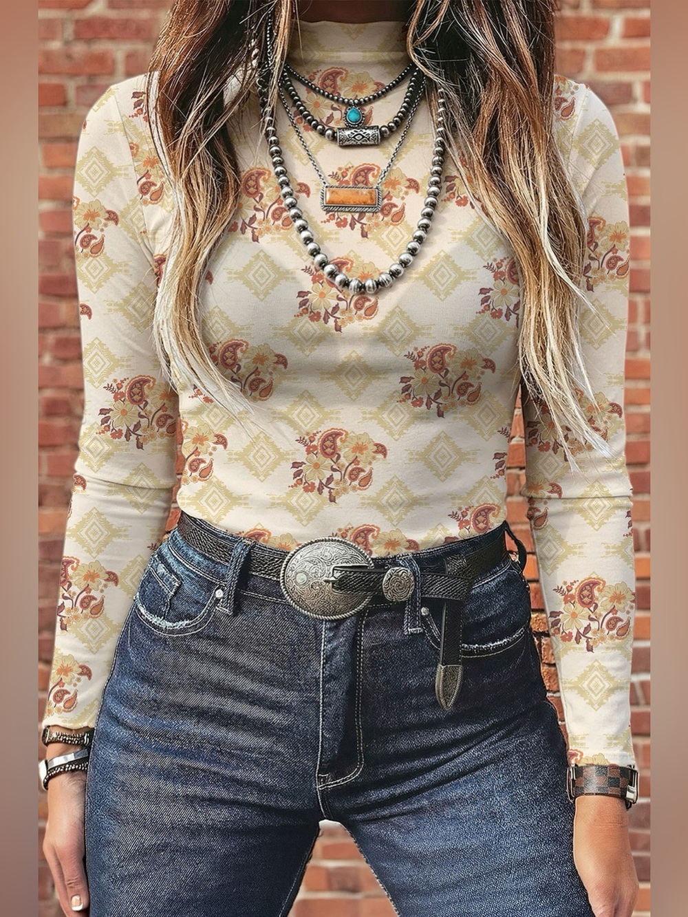 Floral Print Mock Neck Long Sleeve Slim Fit Top